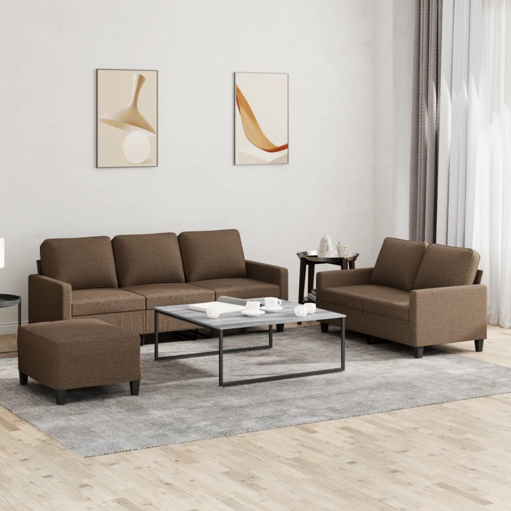 Set di Divani 3 pz con Cuscini Marrone in Tessuto