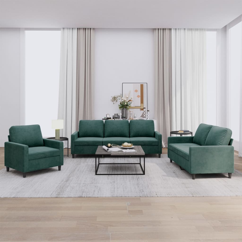 Set di Divani 3 pz con Cuscini Verde scuro in Velluto
