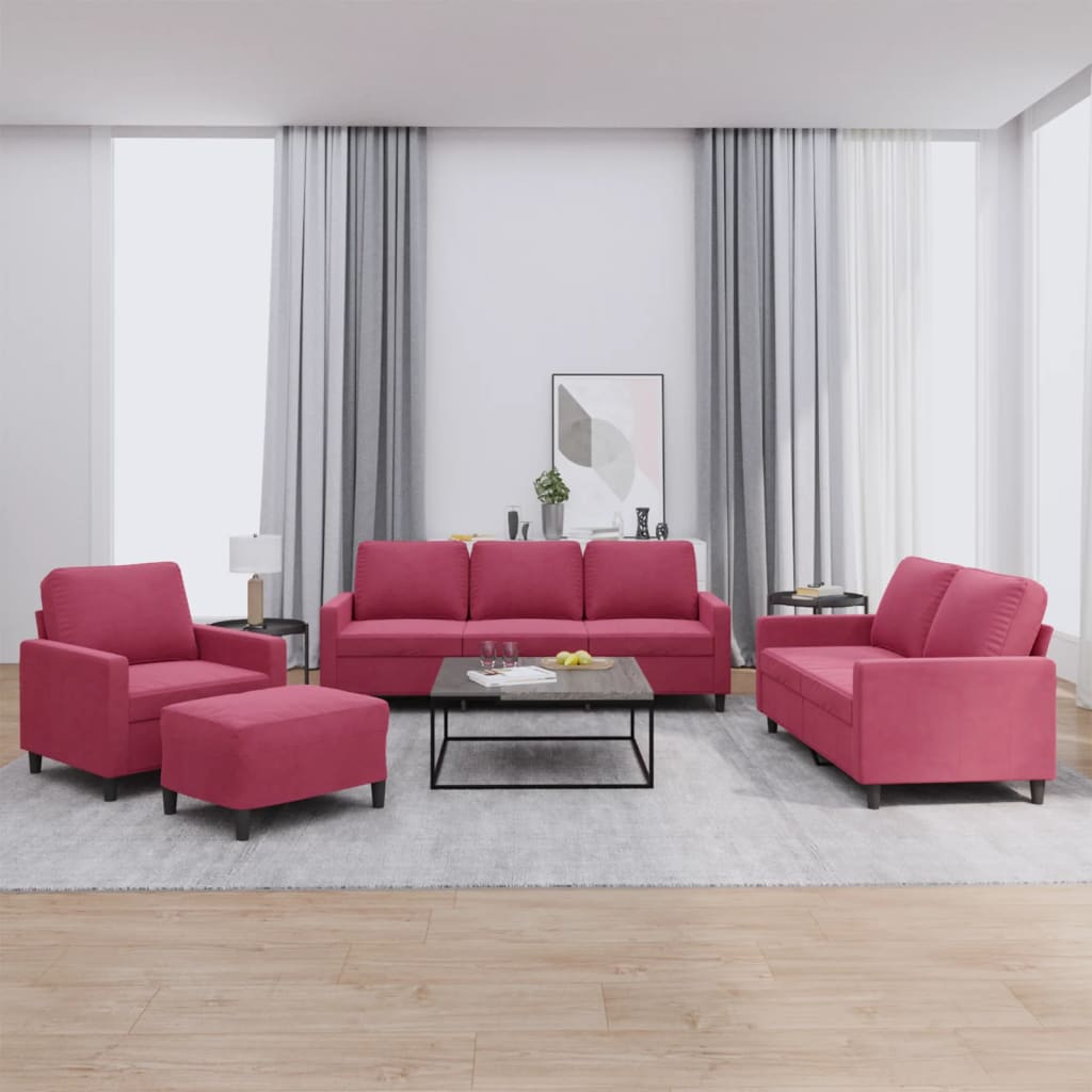 Set di Divani 4 pz con Cuscini Rosso Vino in Velluto