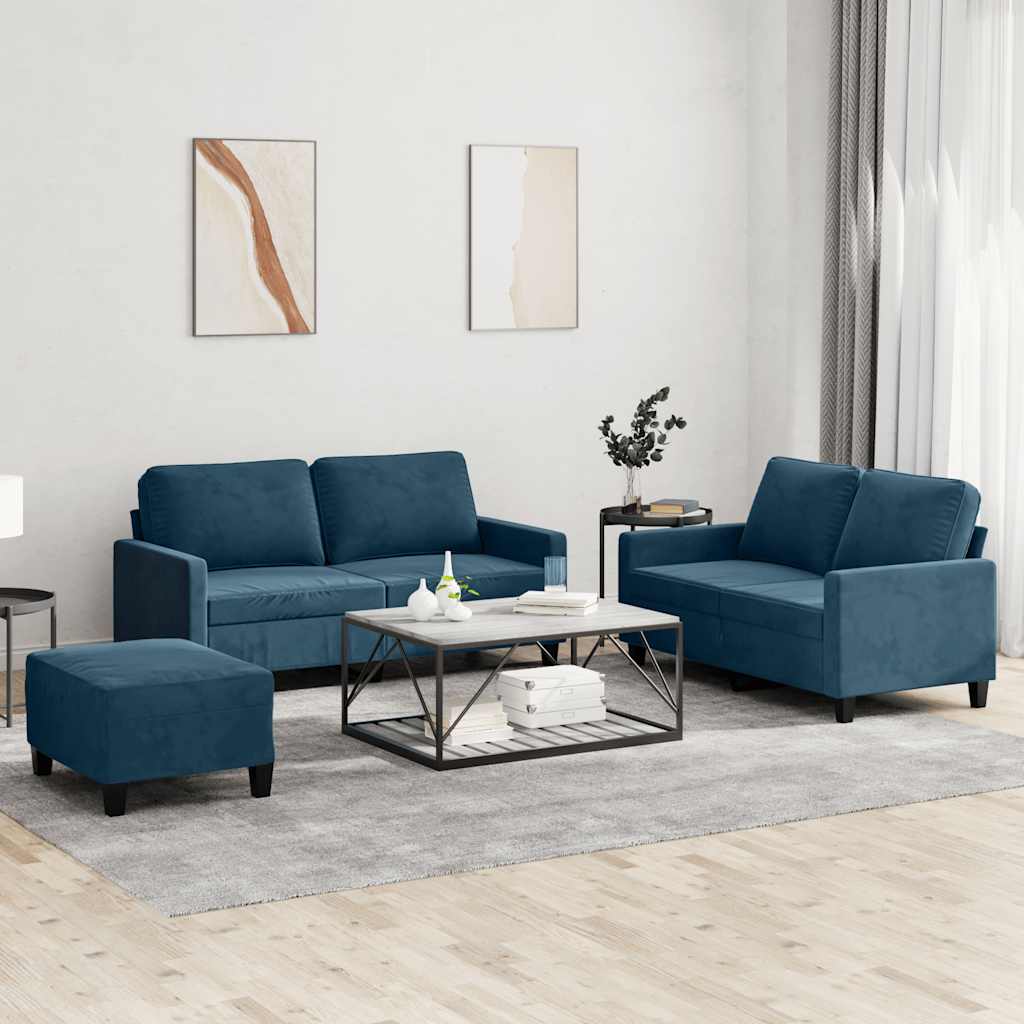 Set di Divani 3 pz con Cuscini Blu in Velluto