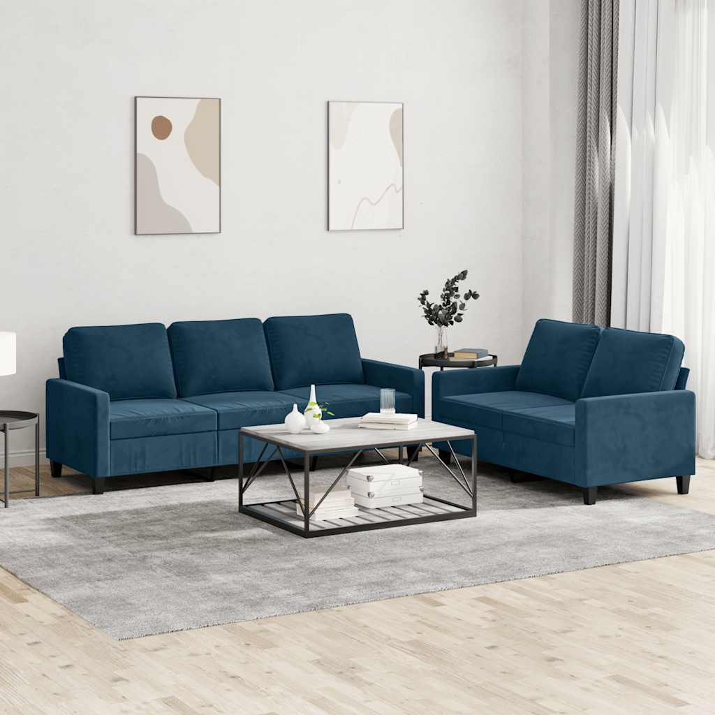 Set di Divani 2 pz con Cuscini Blu in Velluto