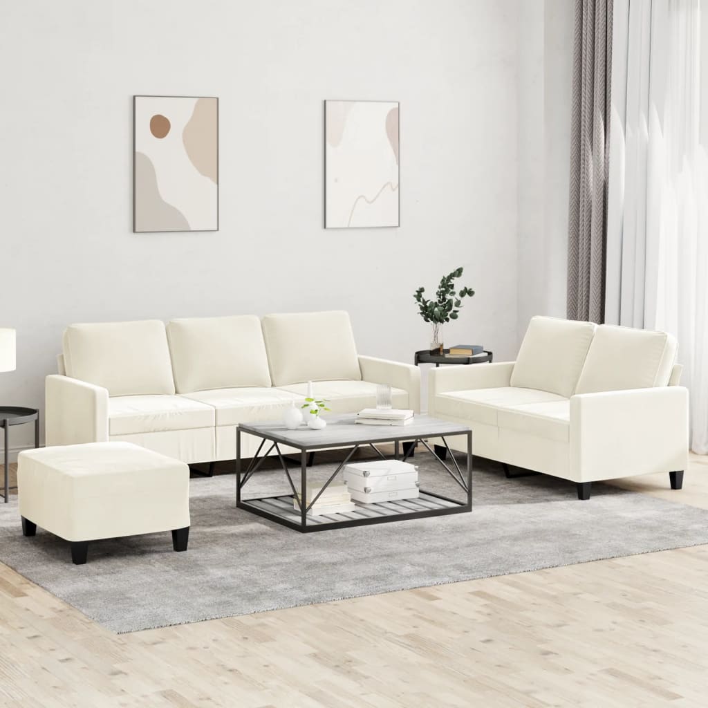 Set di Divani 3 pz con Cuscini Crema in Velluto