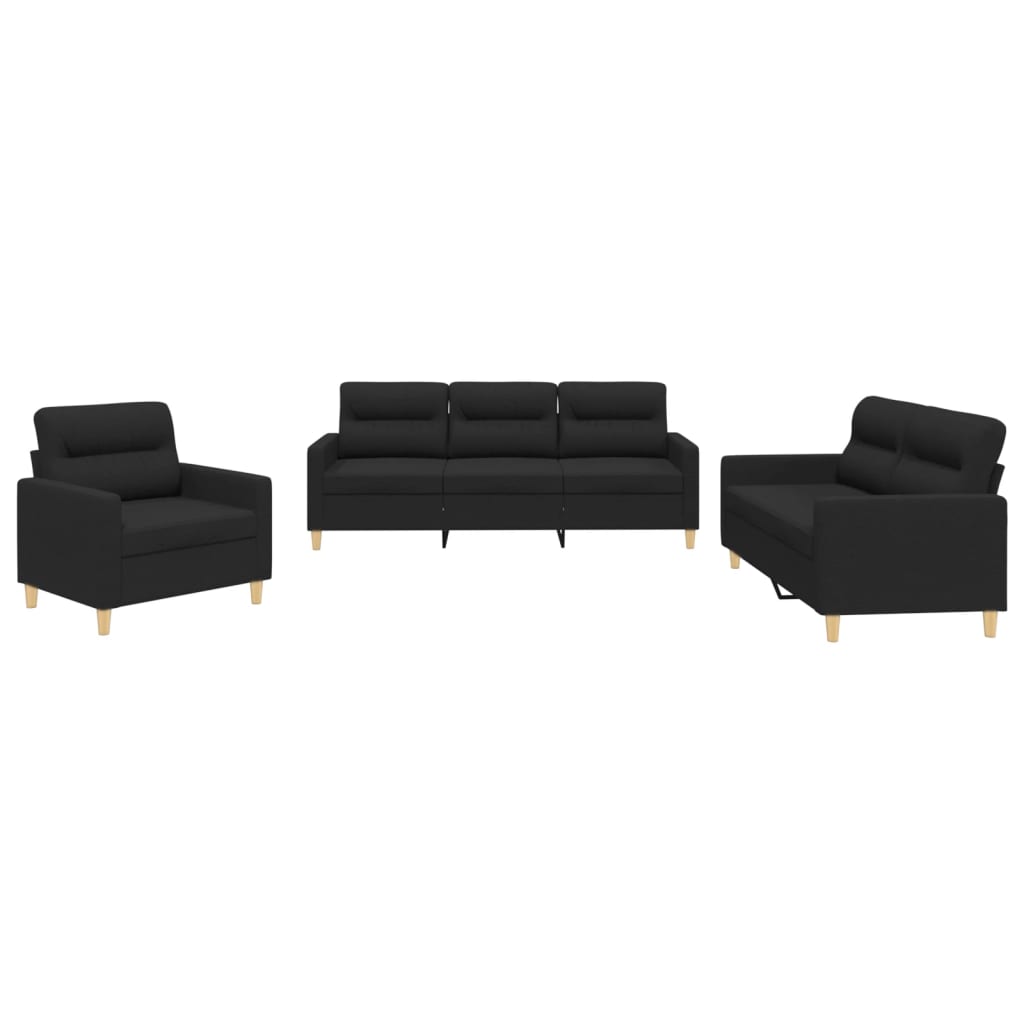 Set di Divani 3 pz con Cuscini Nero in Tessuto