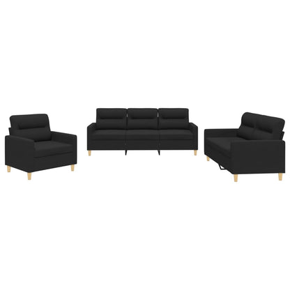 Set di Divani 3 pz con Cuscini Nero in Tessuto