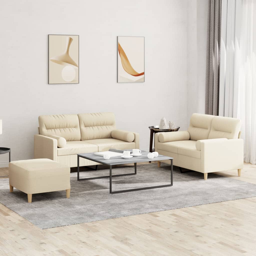 Set Divani 3 pz con Cuscini Crema in Tessuto