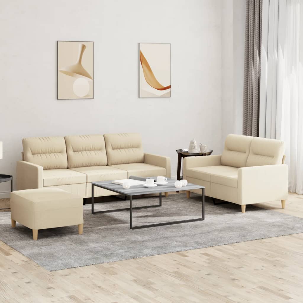 Set di Divani 3 pz con Cuscini Crema in Tessuto