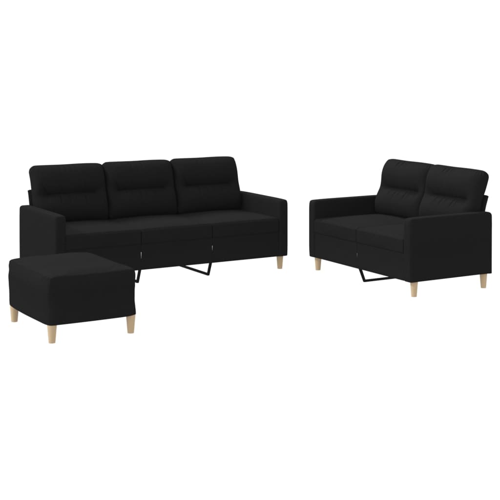 Set di Divani 3 pz con Cuscini Nero in Tessuto