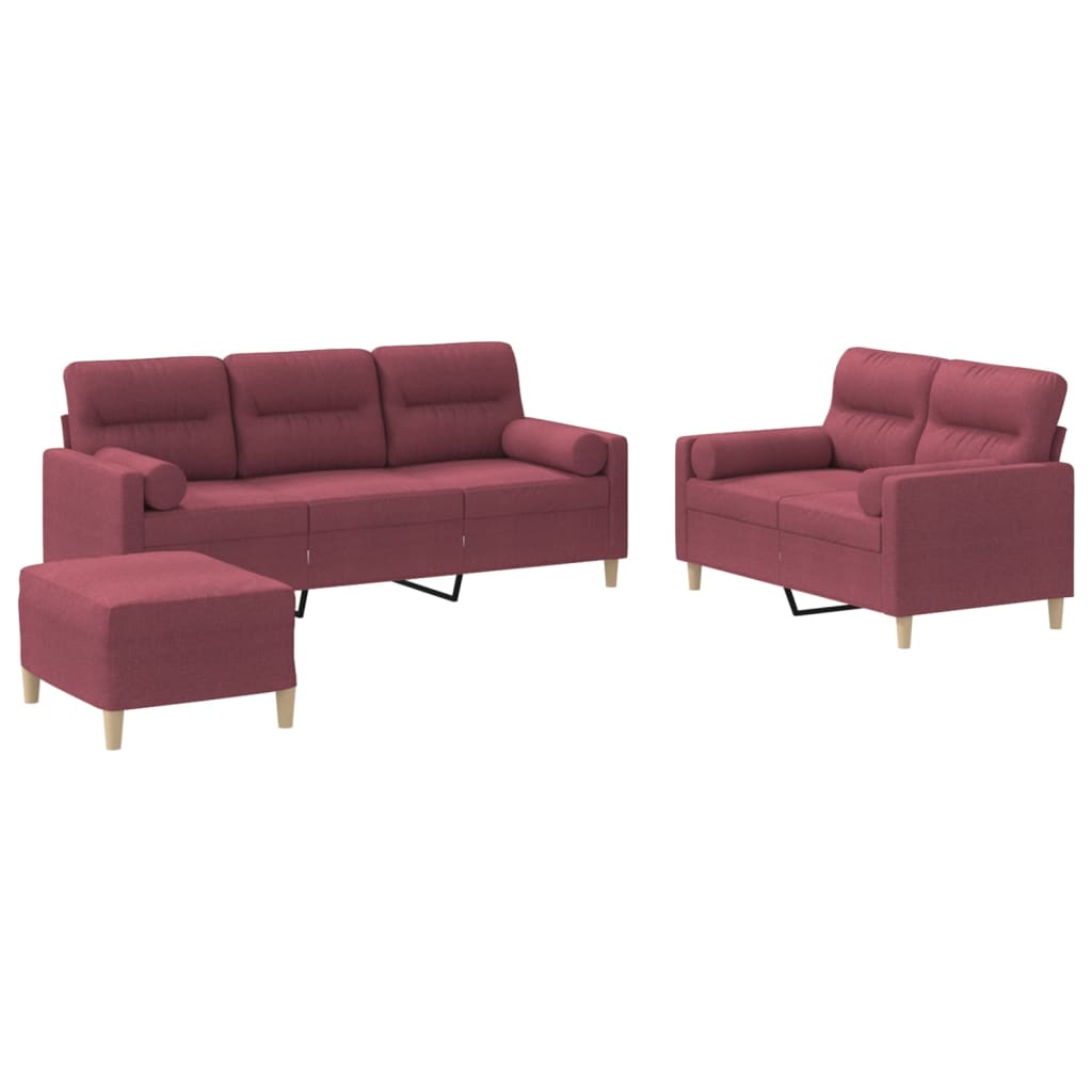 Set di Divani 3 pz con Cuscini Rosso Vino in Tessuto