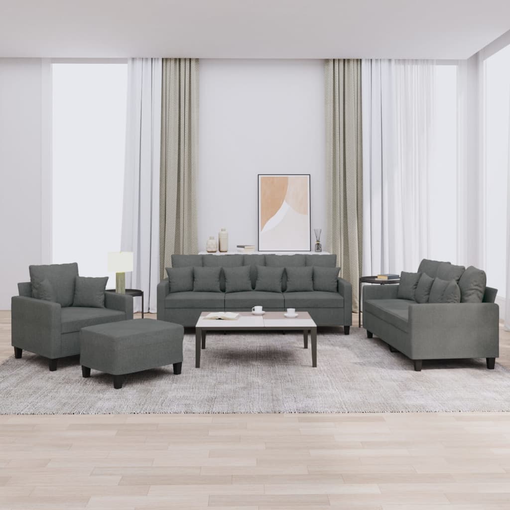 Set di Divani 4 pz con Cuscini Grigio Scuro in Tessuto