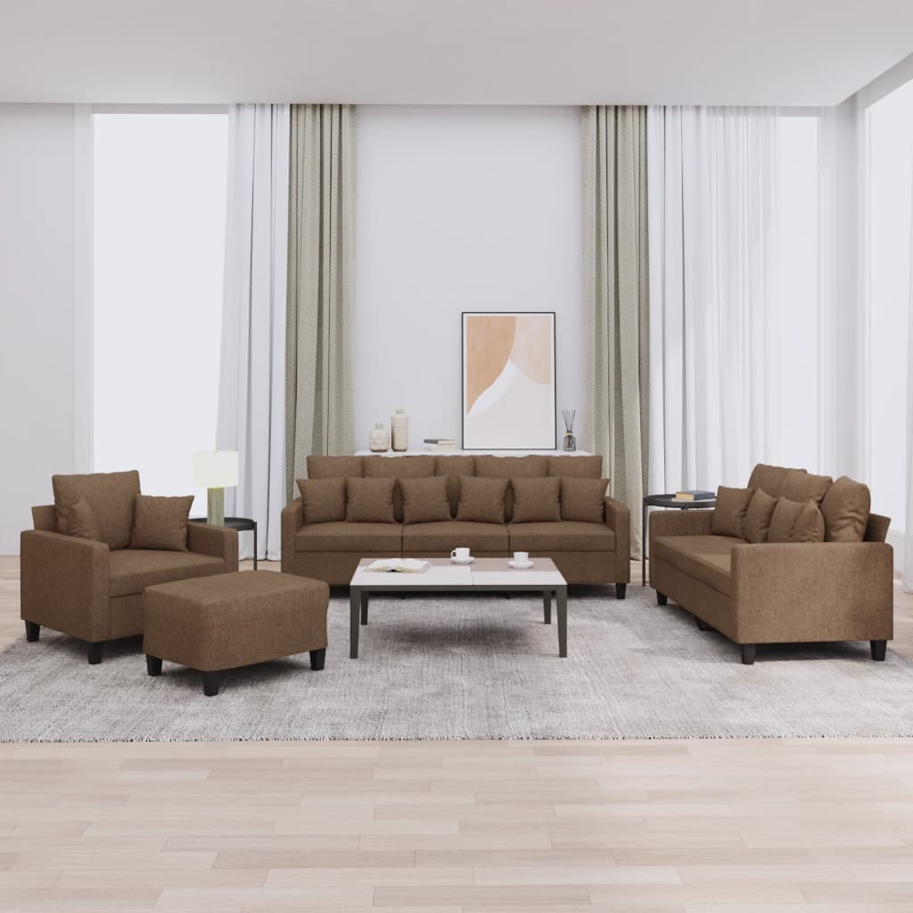Set di Divani 4 pz con Cuscini Marrone in Tessuto