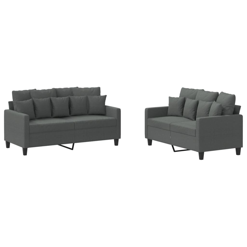 Set di Divani 2 pz con Cuscini Grigio Scuro in Tessuto