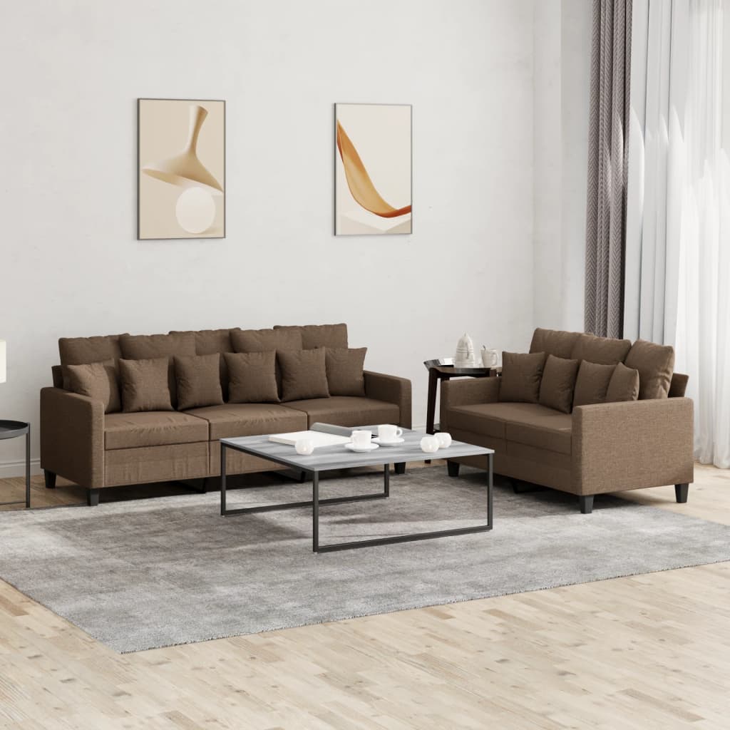 Set di Divani 2 pz con Cuscini Marrone in Tessuto
