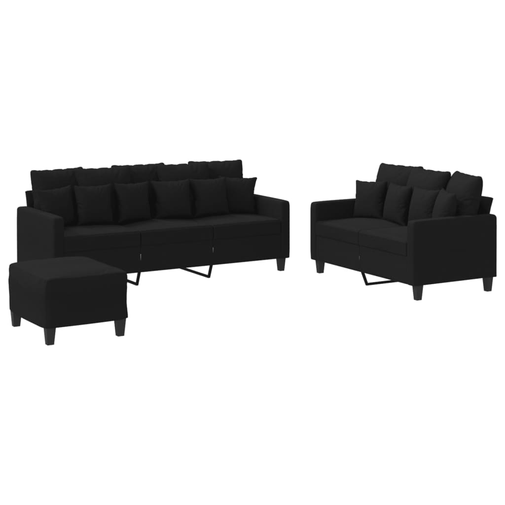 Set di Divani 3 pz con Cuscini Nero in Tessuto