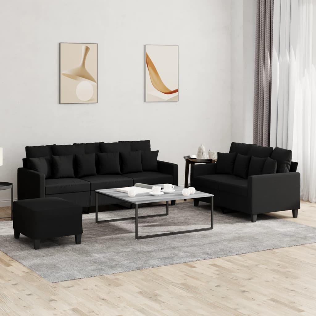 Set di Divani 3 pz con Cuscini Nero in Tessuto