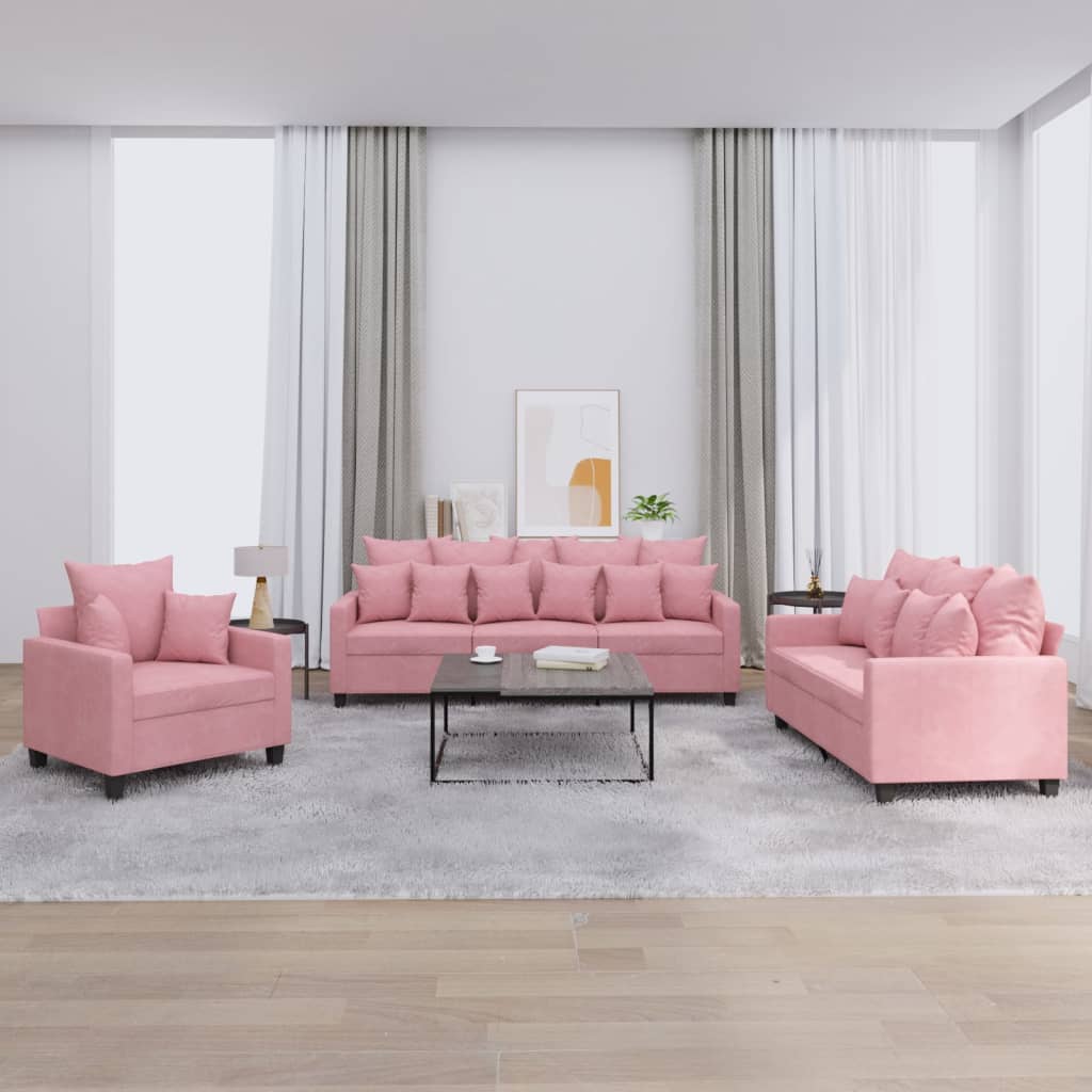 Set di Divani 3 pz con Cuscini rosa in Velluto