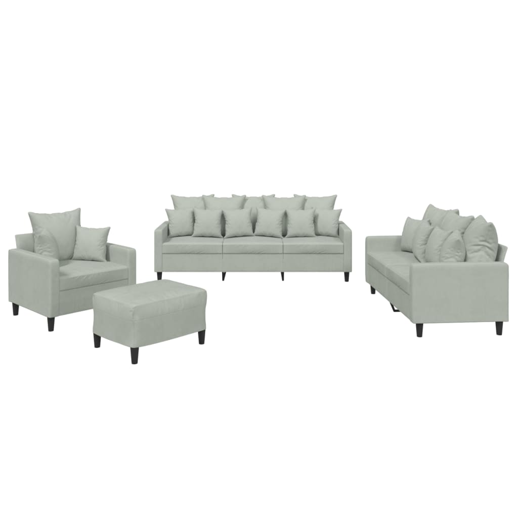 Set di Divani 4 pz con Cuscini Grigio Chiaro in Velluto