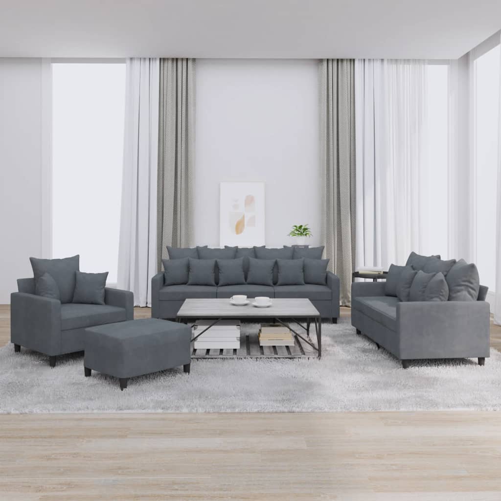Set di Divani 4 pz con Cuscini Grigio Scuro in Velluto