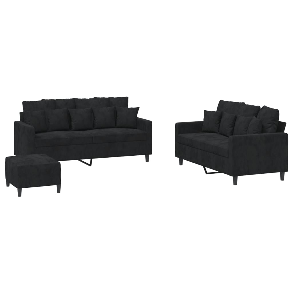 Set di Divani 3 pz con Cuscini Nero in Velluto