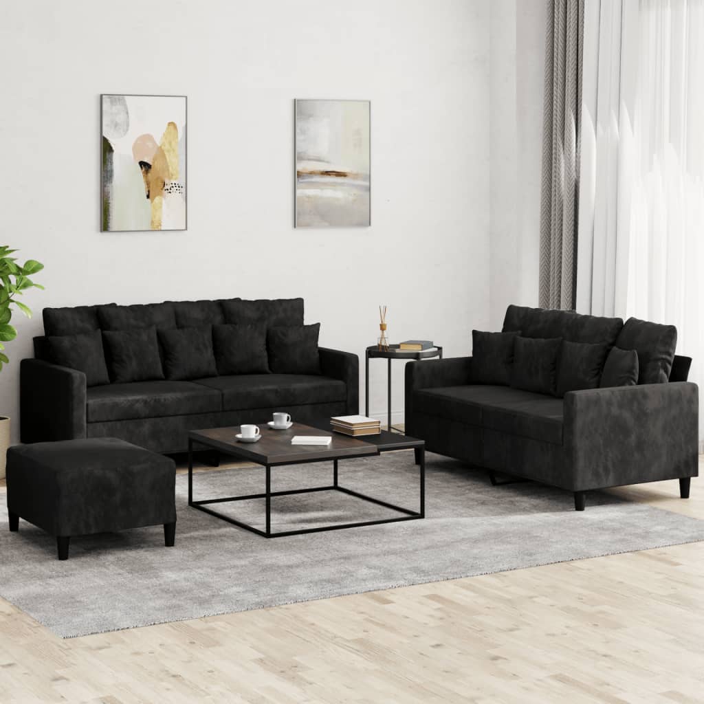 Set di Divani 3 pz con Cuscini Nero in Velluto