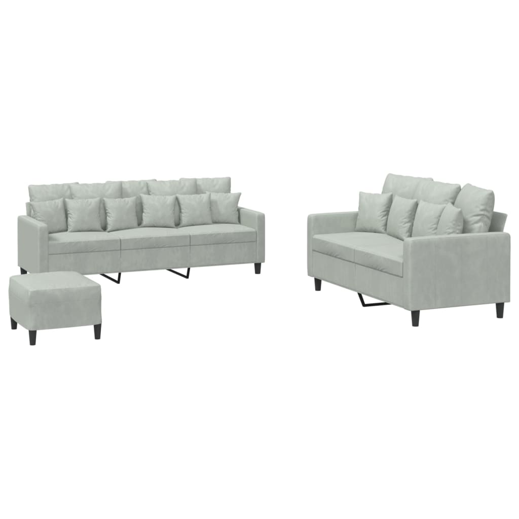 Set di Divani 3 pz con Cuscini Grigio Chiaro in Velluto