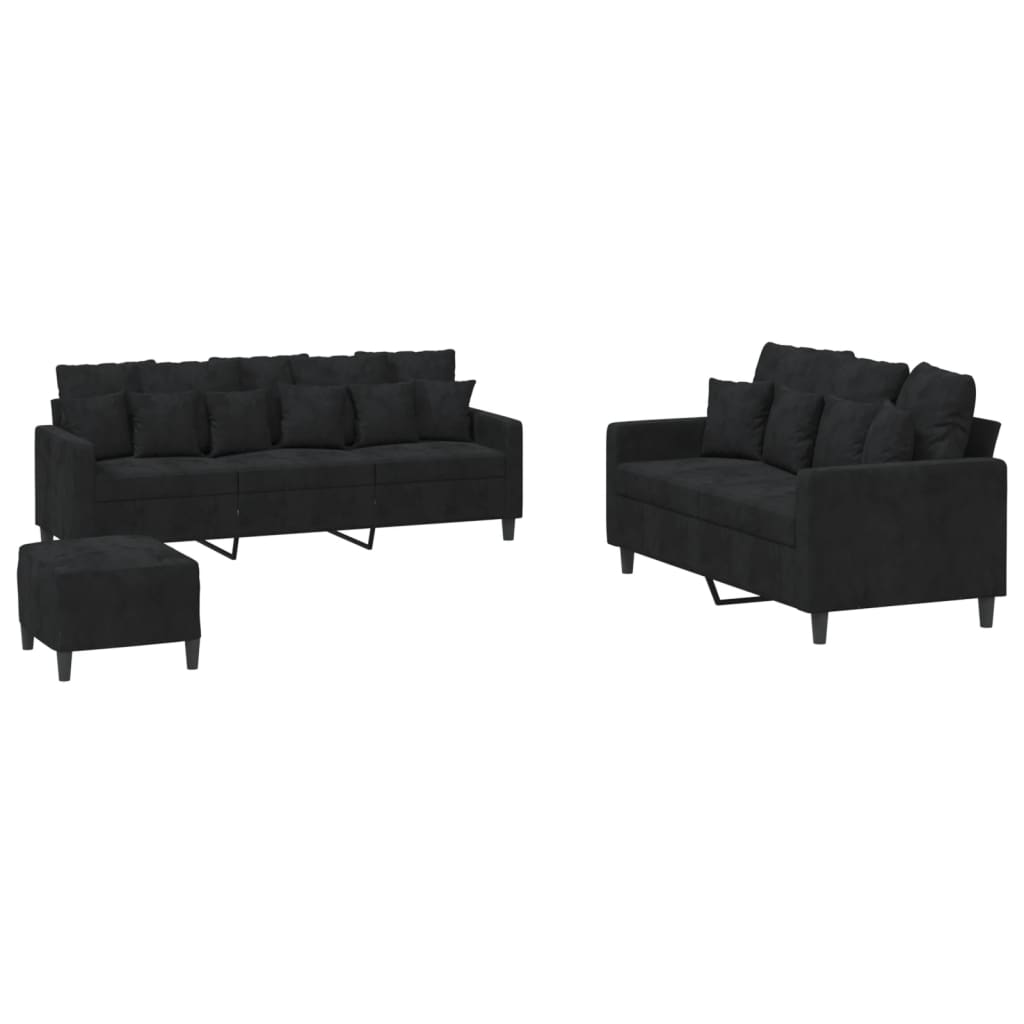 Set di Divani 3 pz con Cuscini Nero in Velluto