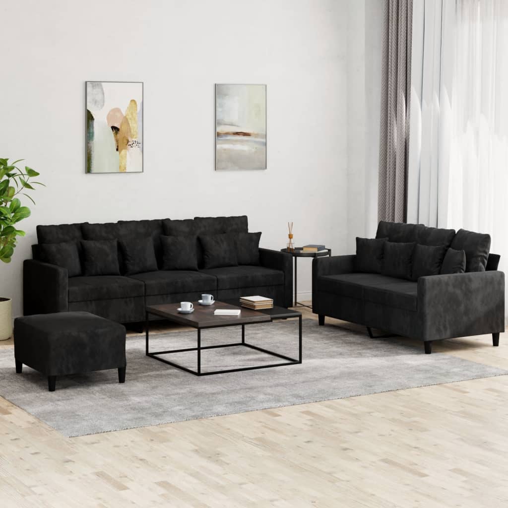 Set di Divani 3 pz con Cuscini Nero in Velluto