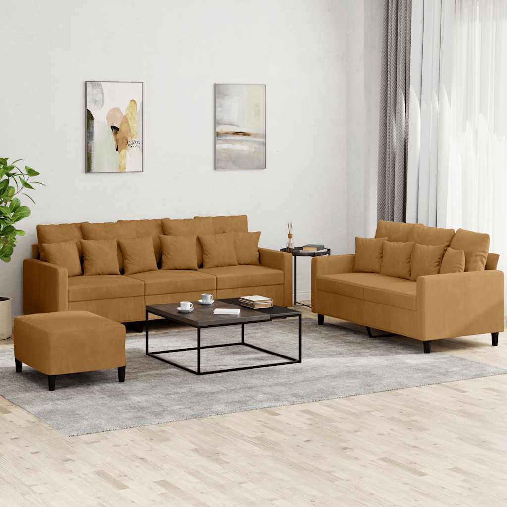 Set di Divani 3 pz con Cuscini Marrone in Velluto