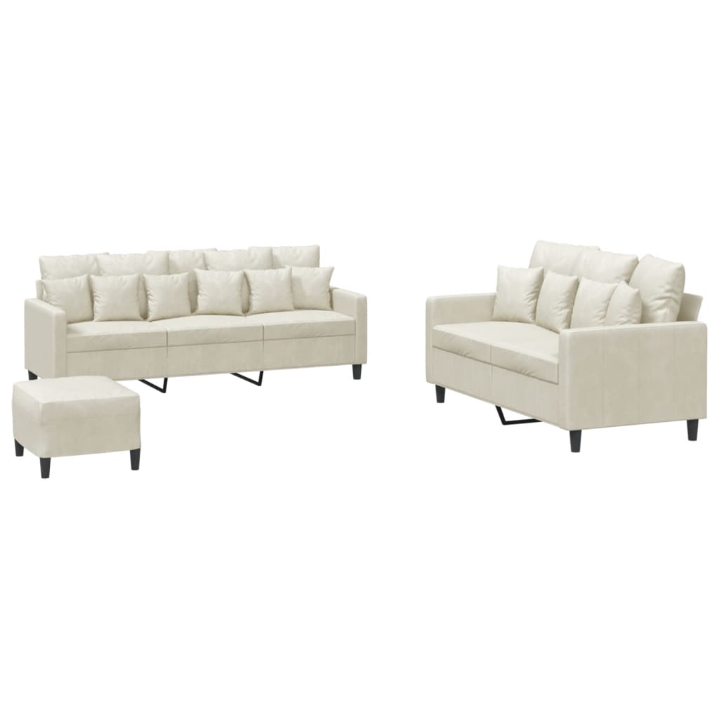 Set di Divani 3 pz con Cuscini Crema in Velluto