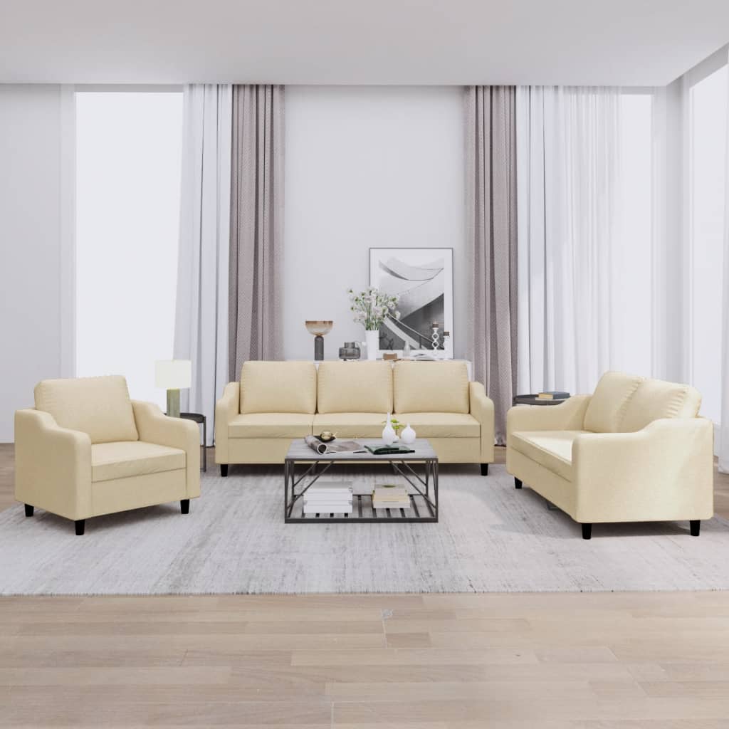 Set di Divani 3 pz con Cuscini Crema in Tessuto