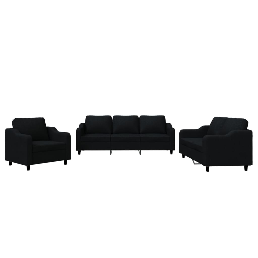 Set di Divani 3 pz con Cuscini Nero in Tessuto