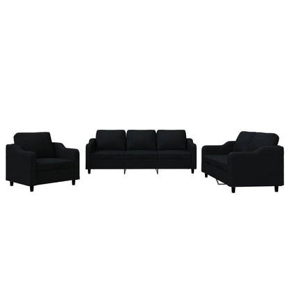 Set di Divani 3 pz con Cuscini Nero in Tessuto