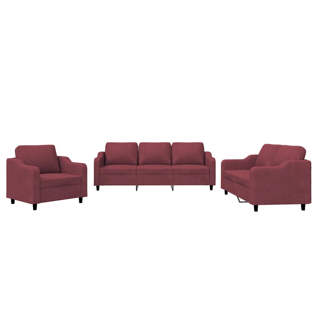 Set di Divani 3 pz con Cuscini Rosso Vino in Tessuto