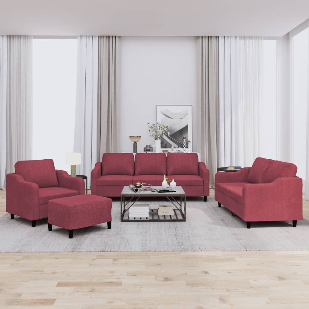 Set di Divani 4 pz con Cuscini Rosso Vino in Tessuto