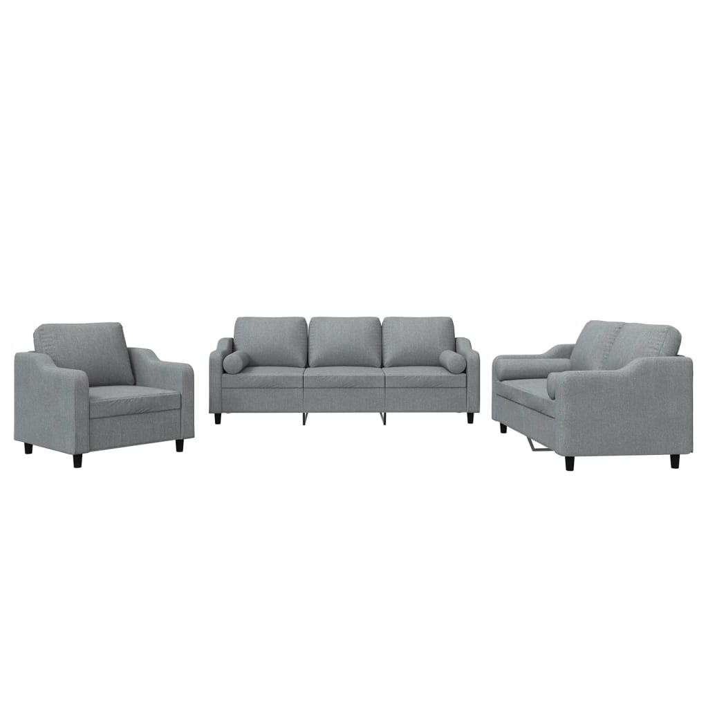 Set Divani 3 pz con Cuscini Grigio Chiaro in Tessuto