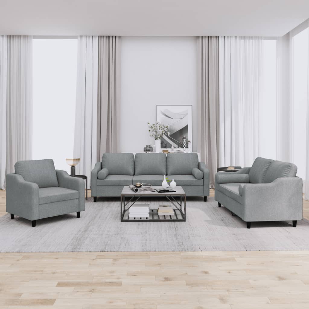 Set Divani 3 pz con Cuscini Grigio Chiaro in Tessuto