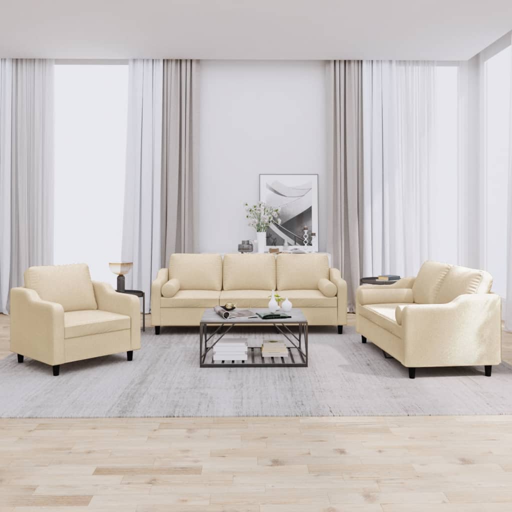 Set Divani 3 pz con Cuscini Crema in Tessuto