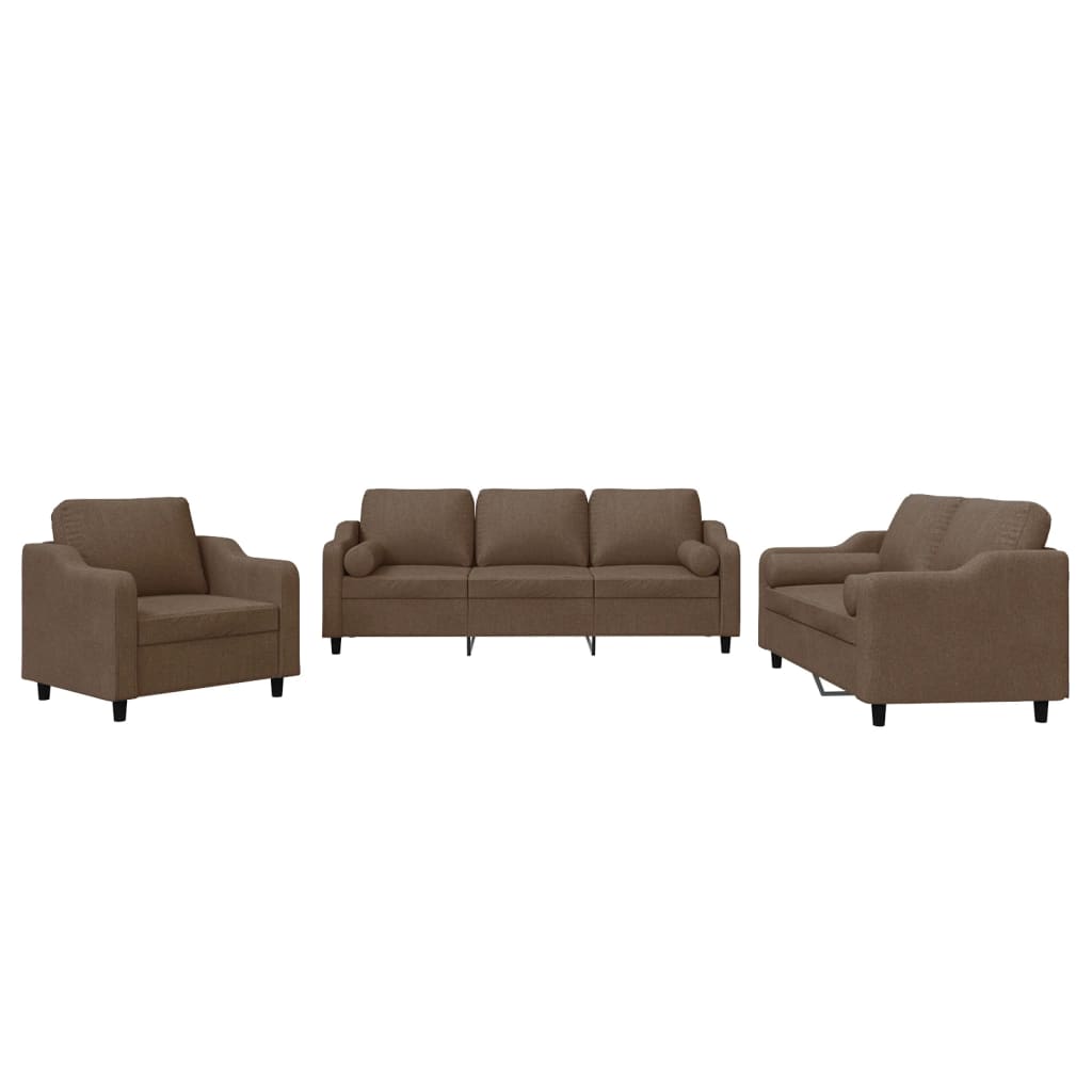 Set di Divani 3 pz con Cuscini Marrone in Tessuto