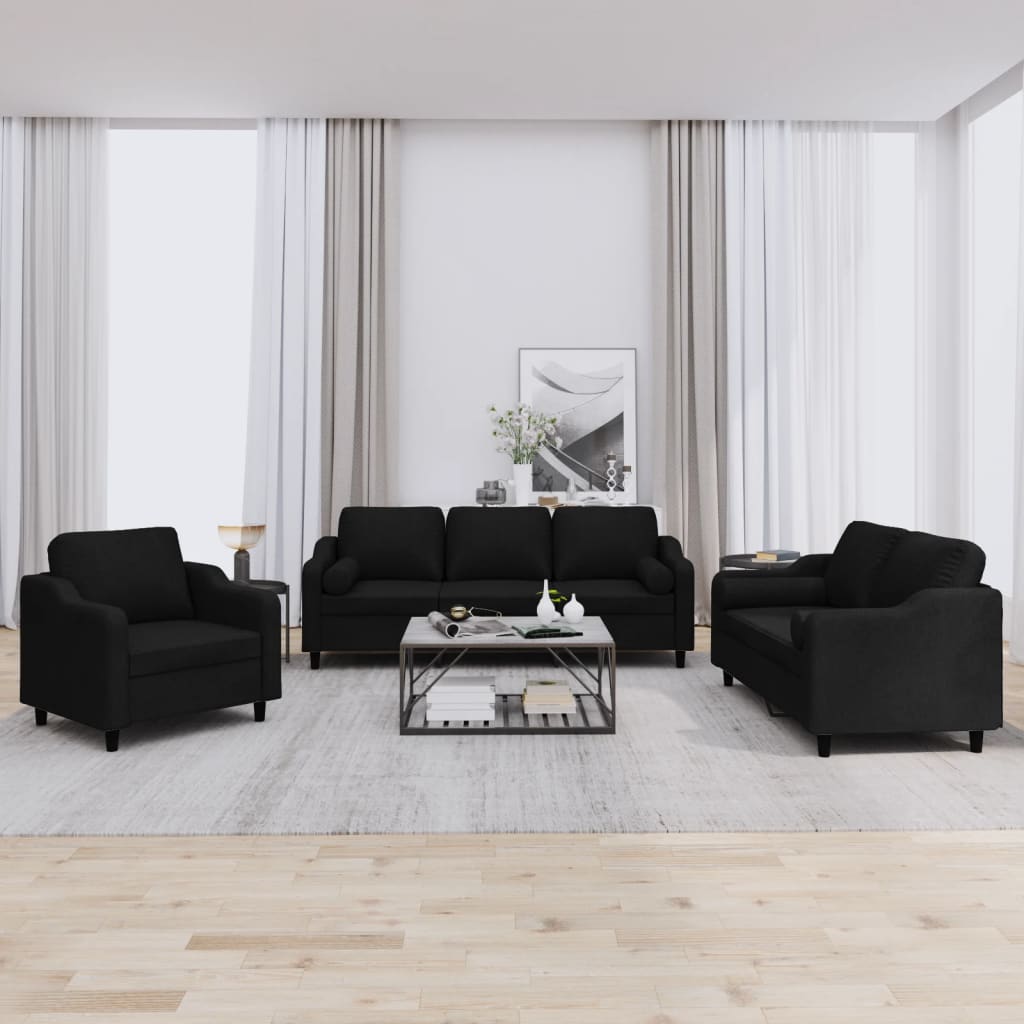 Set Divani 3 pz con Cuscini Nero in Tessuto