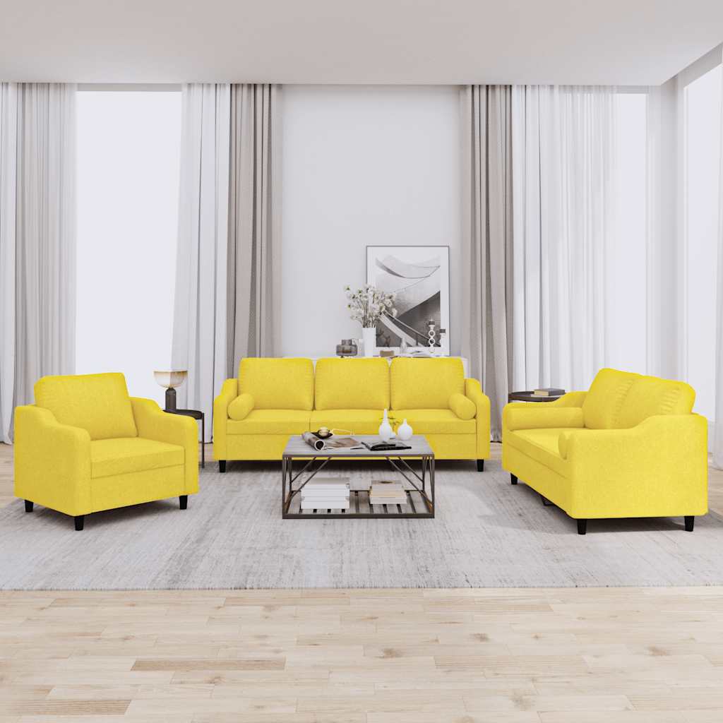Set di Divani 3 pz con Cuscini Giallo Chiaro in Tessuto
