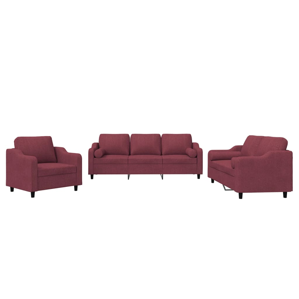 Set di Divani 3 pz con Cuscini Rosso Vino in Tessuto