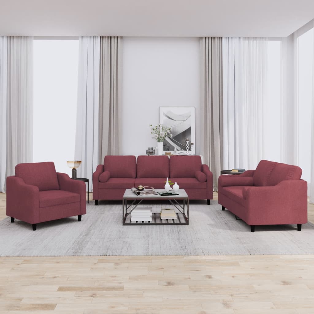 Set di Divani 3 pz con Cuscini Rosso Vino in Tessuto