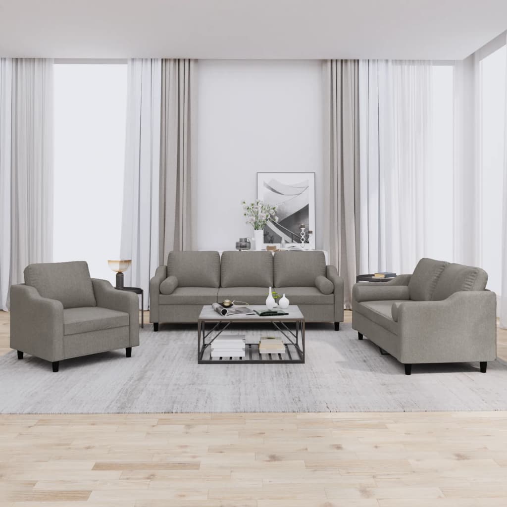 Set Divani 3 pz con Cuscini Tortora in Tessuto