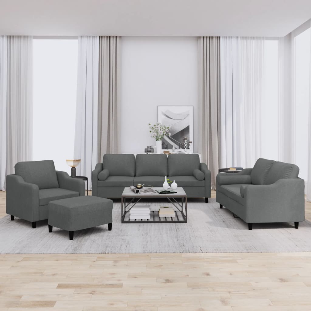 Set di Divani 4 pz con Cuscini Grigio Scuro in Tessuto