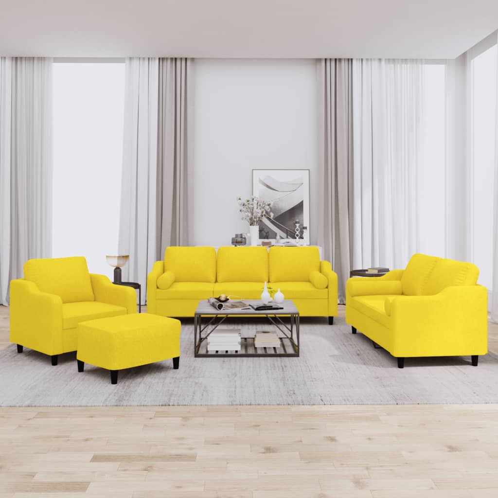 Set di Divani 4 pz con Cuscini Giallo Chiaro in Tessuto