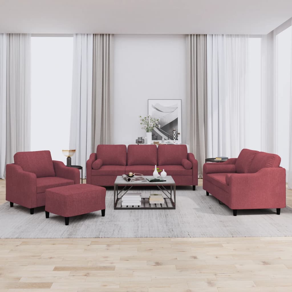 Set di Divani 4 pz con Cuscini Rosso Vino in Tessuto