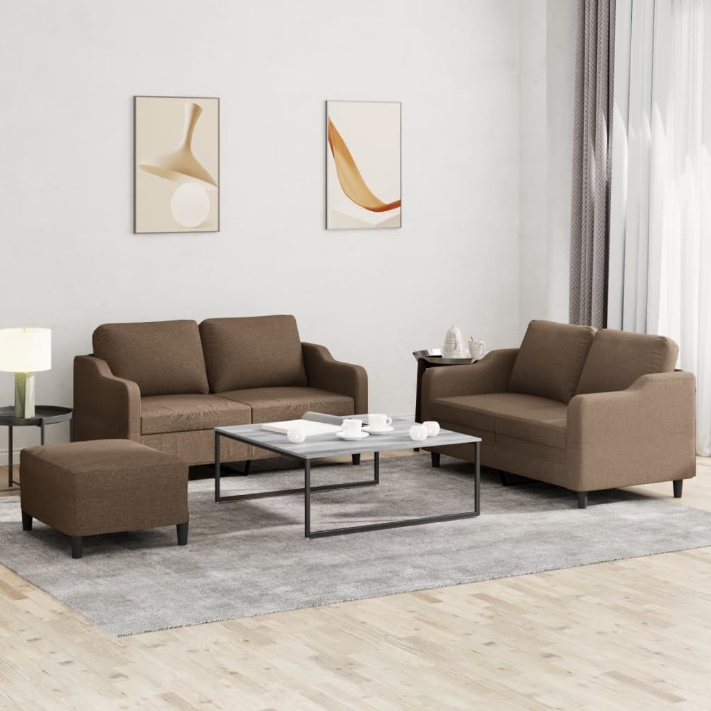 Set di Divani 3 pz con Cuscini Marrone in Tessuto