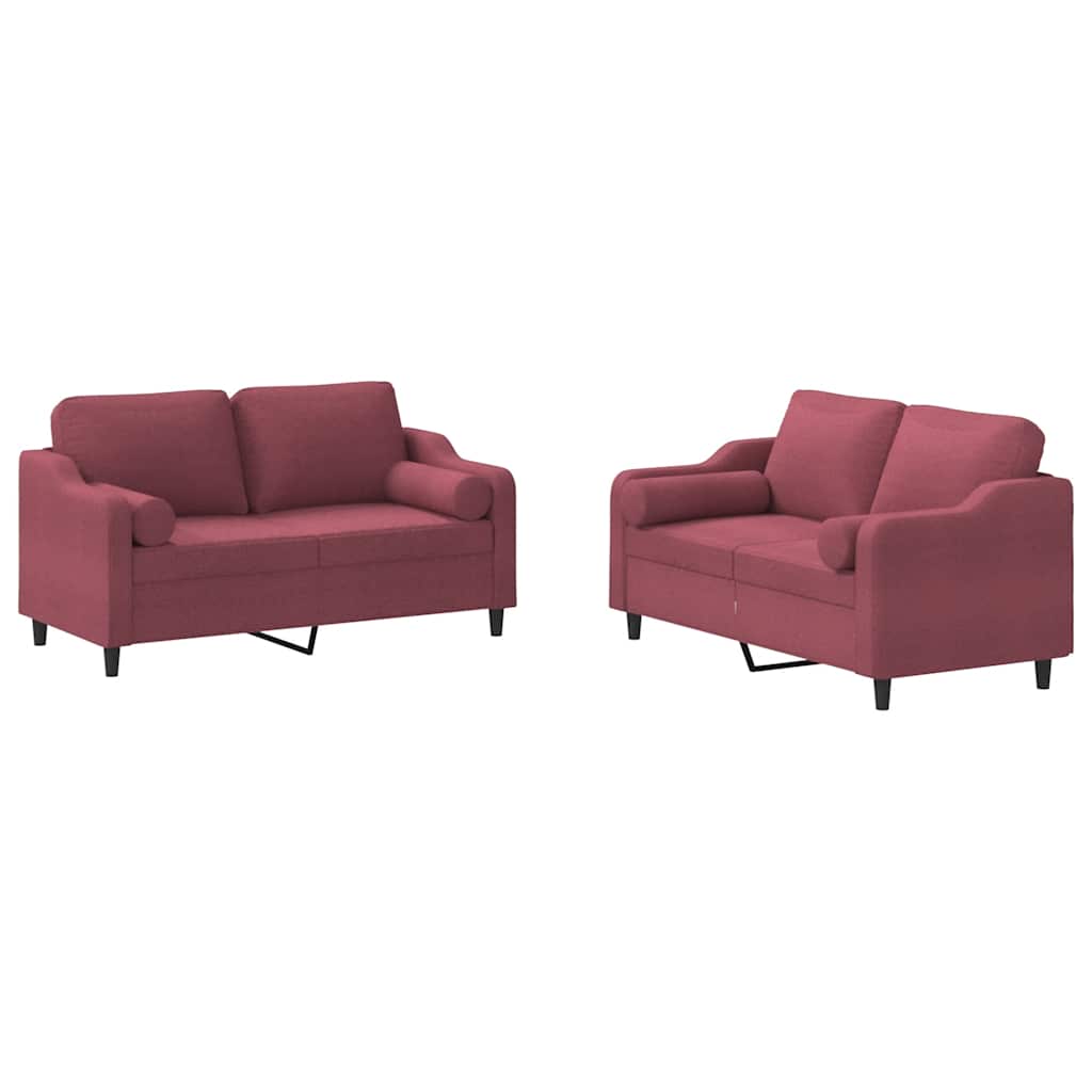 Set di Divani 2 pz con Cuscini Rosso Vino in Tessuto