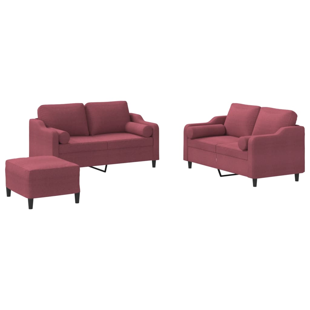Set di Divani 3 pz con Cuscini Rosso Vino in Tessuto
