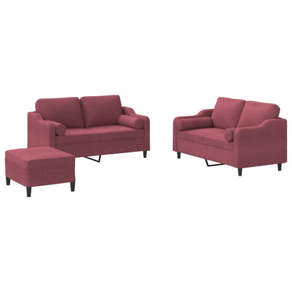 Set di Divani 3 pz con Cuscini Rosso Vino in Tessuto