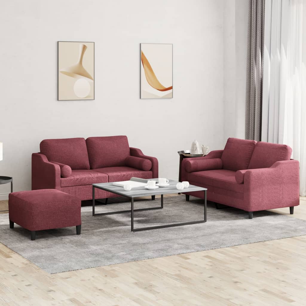 Set di Divani 3 pz con Cuscini Rosso Vino in Tessuto